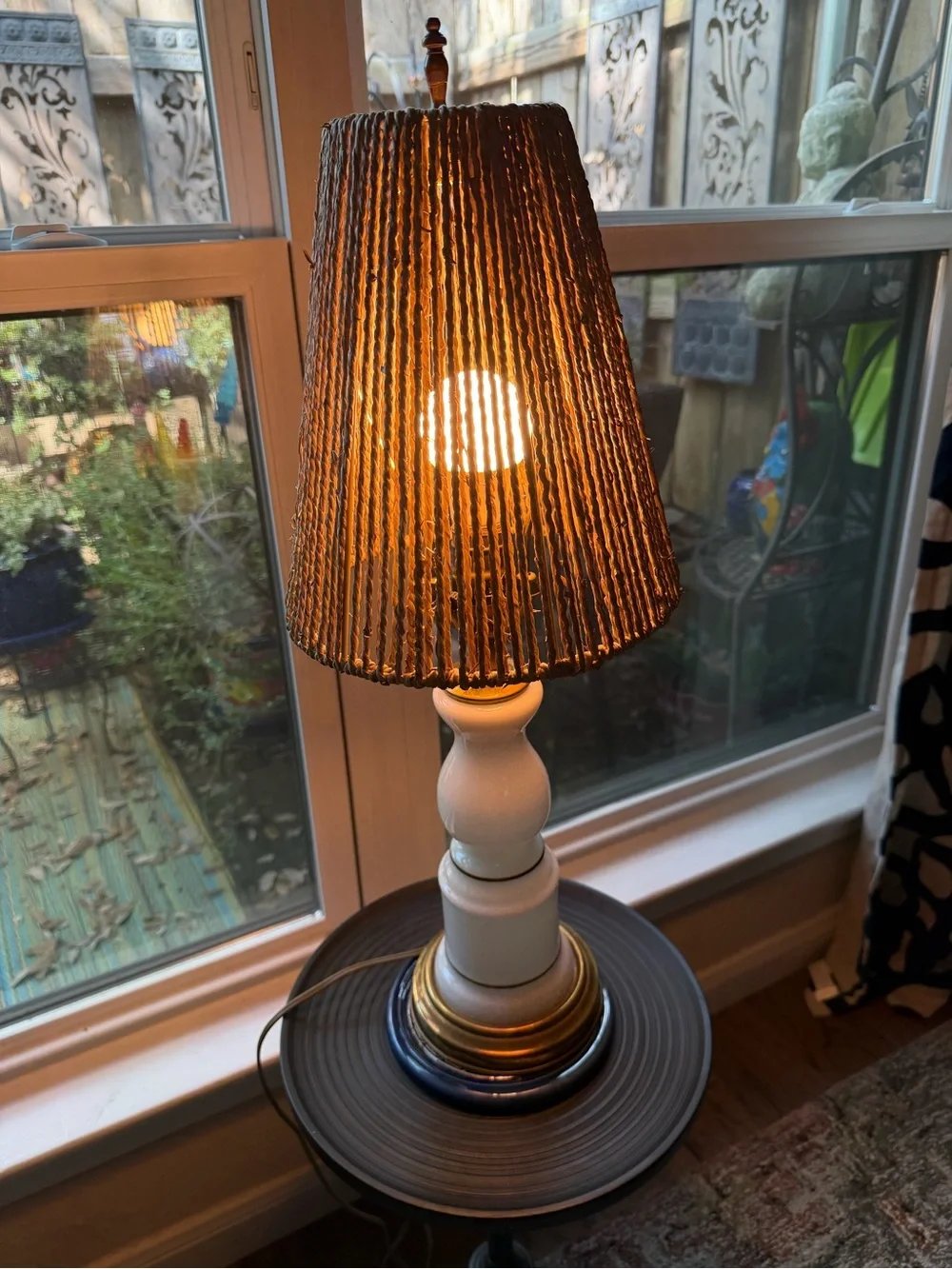 Vintage White Glass and Brass Small Table Lamp. Jute Shade. Hand Painted Stripe